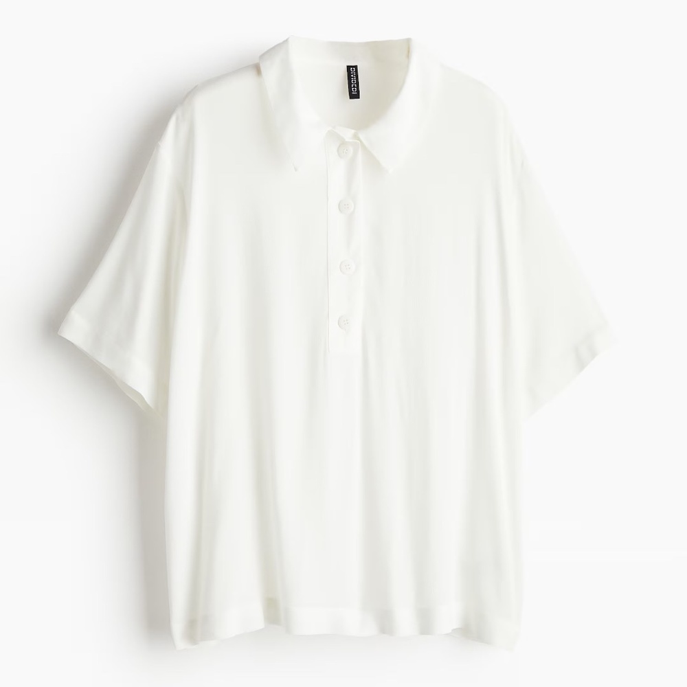 H&M Women's Sheer Crepe Oversized Polo Shirt Cream Preppy Size Small